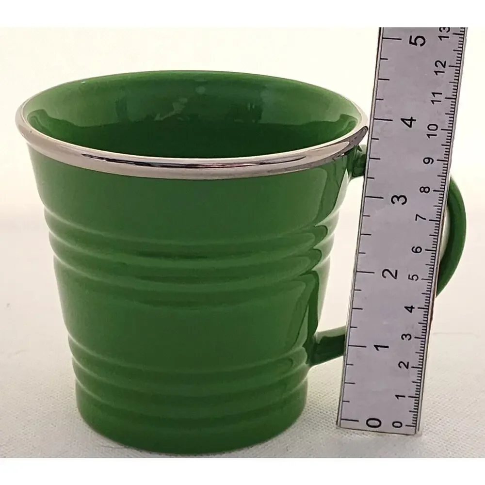 Starbucks 2007 Green Ceramic Coffee Mug 14 oz Silver Rim Ribbed Vintage Cup